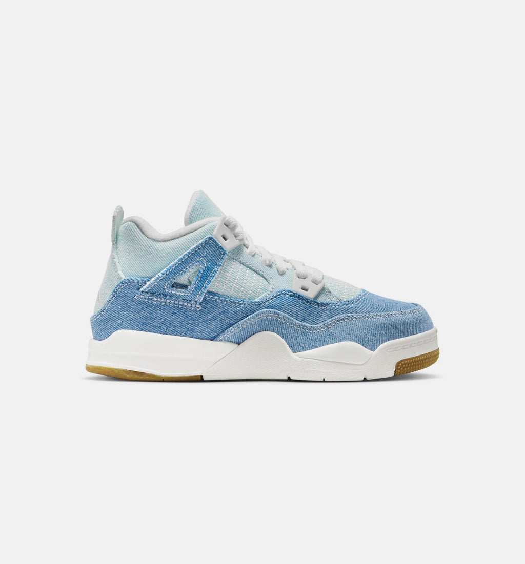 Air Jordan 4 Retro Worn Blue Preschool Shoes - Sail/Worn Blue/Metallic Gold